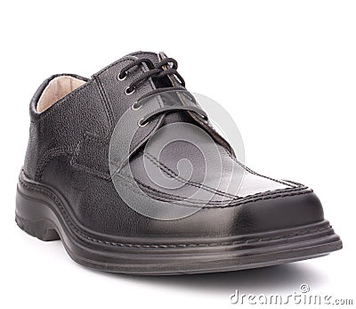 Black glossy manâ€™s shoe with shoelaces Stock Photo